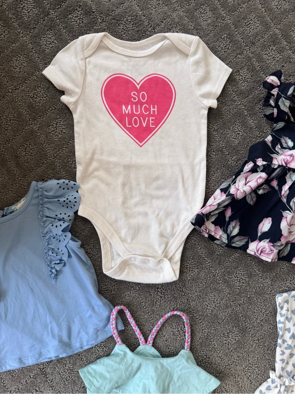 Baby Girl Clothing Lot - Heart Onesie + Floral Dressy Trendy Tops 18m